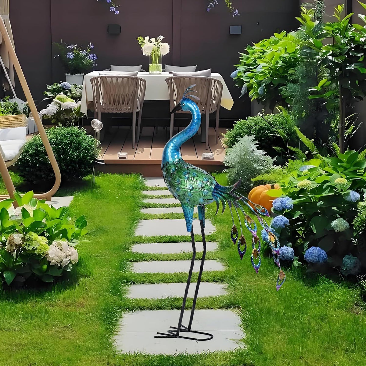 Metal Peacock Statue Yard Decor - Large Iron Peacock 34", Standing Bird Garden Sculptures, Metal