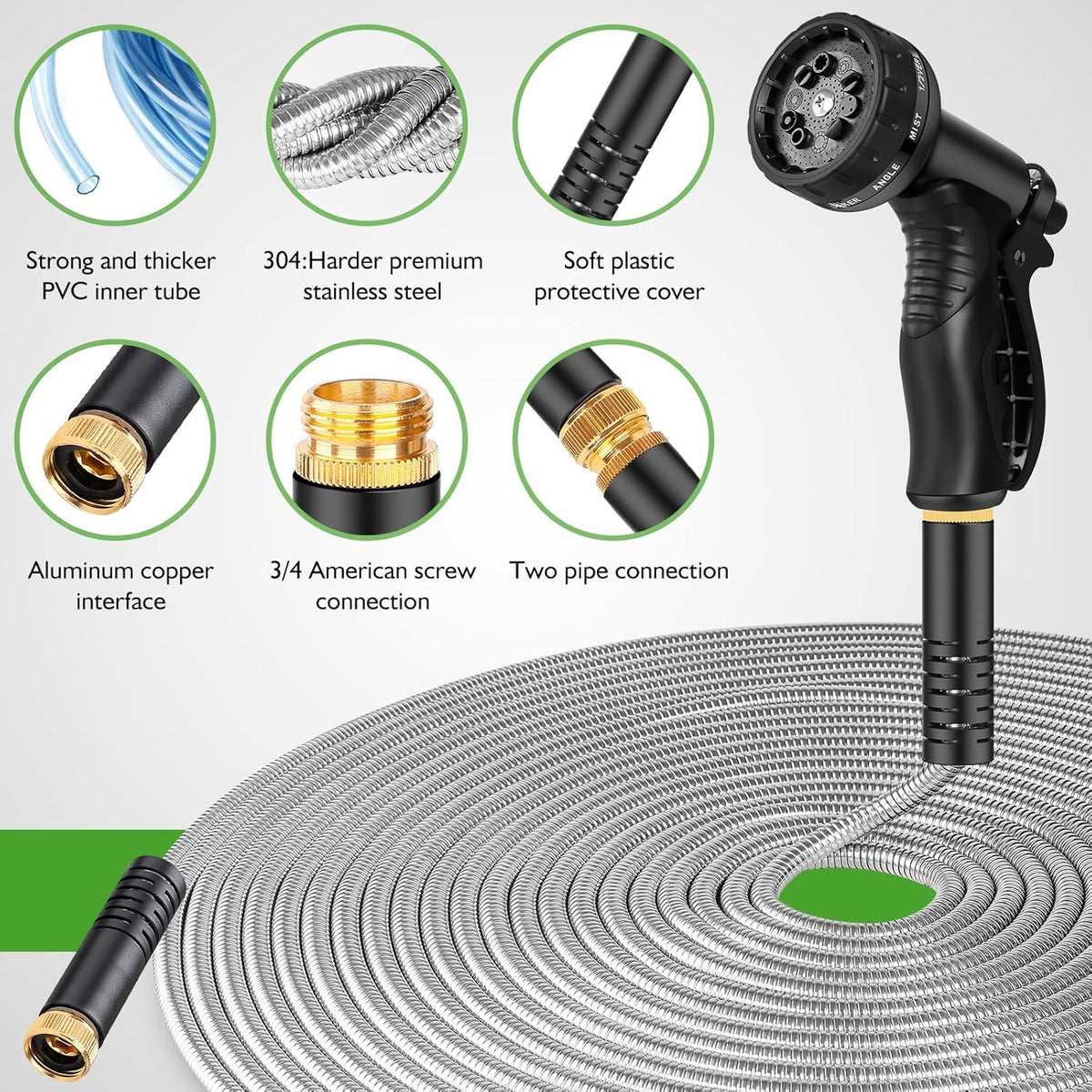 Garden Hose Metal 50FT, Stainless Steel Heavy Duty Water Hose With 10 Function Nozzle, No-Kink