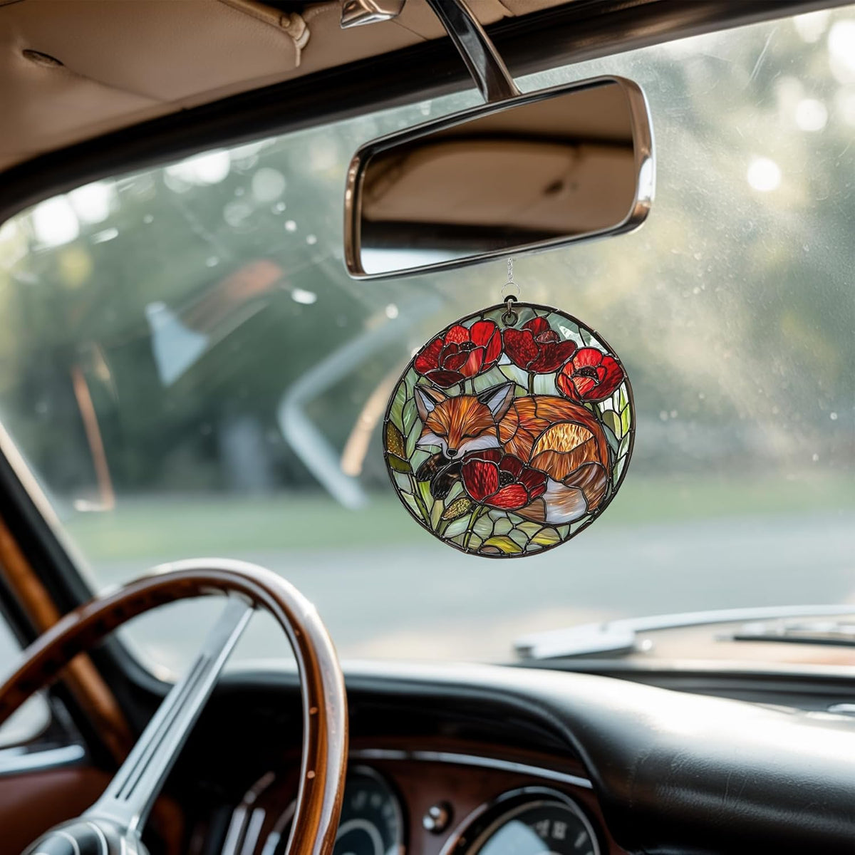 Fox Poppies Flower Acrylic Suncatcher Stained Glass Effect Window Car Hanging Christmas Ornament
