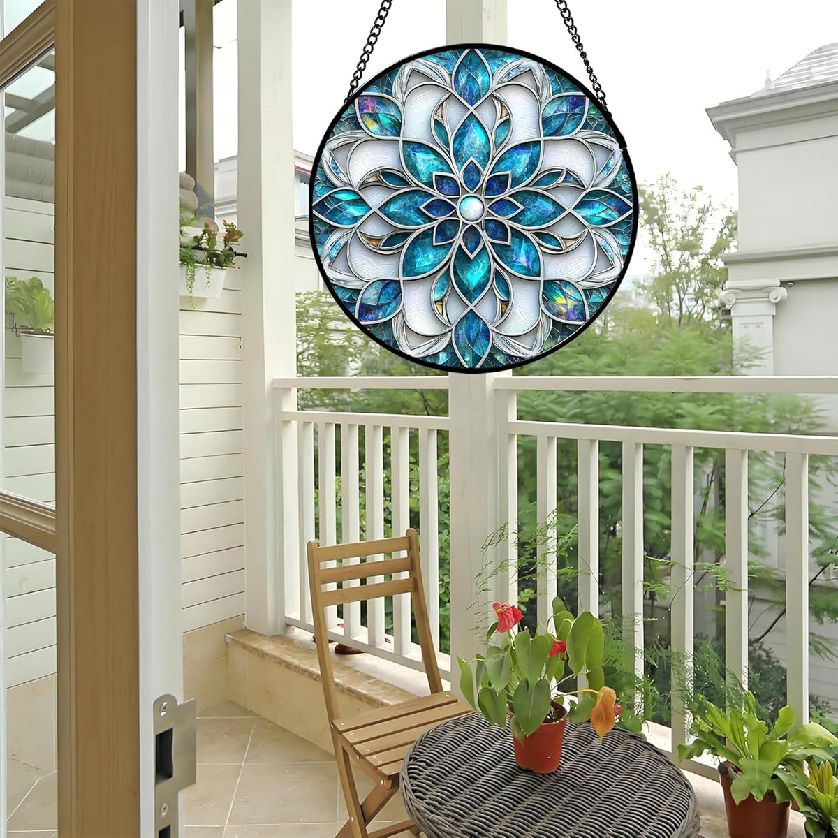Stained Glass Window Hanging - Blue White Abstract Flowers Suncatcher for Door Terrace Garden Home