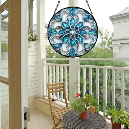 Stained Glass Window Hanging - Blue White Abstract Flowers Suncatcher for Door Terrace Garden Home