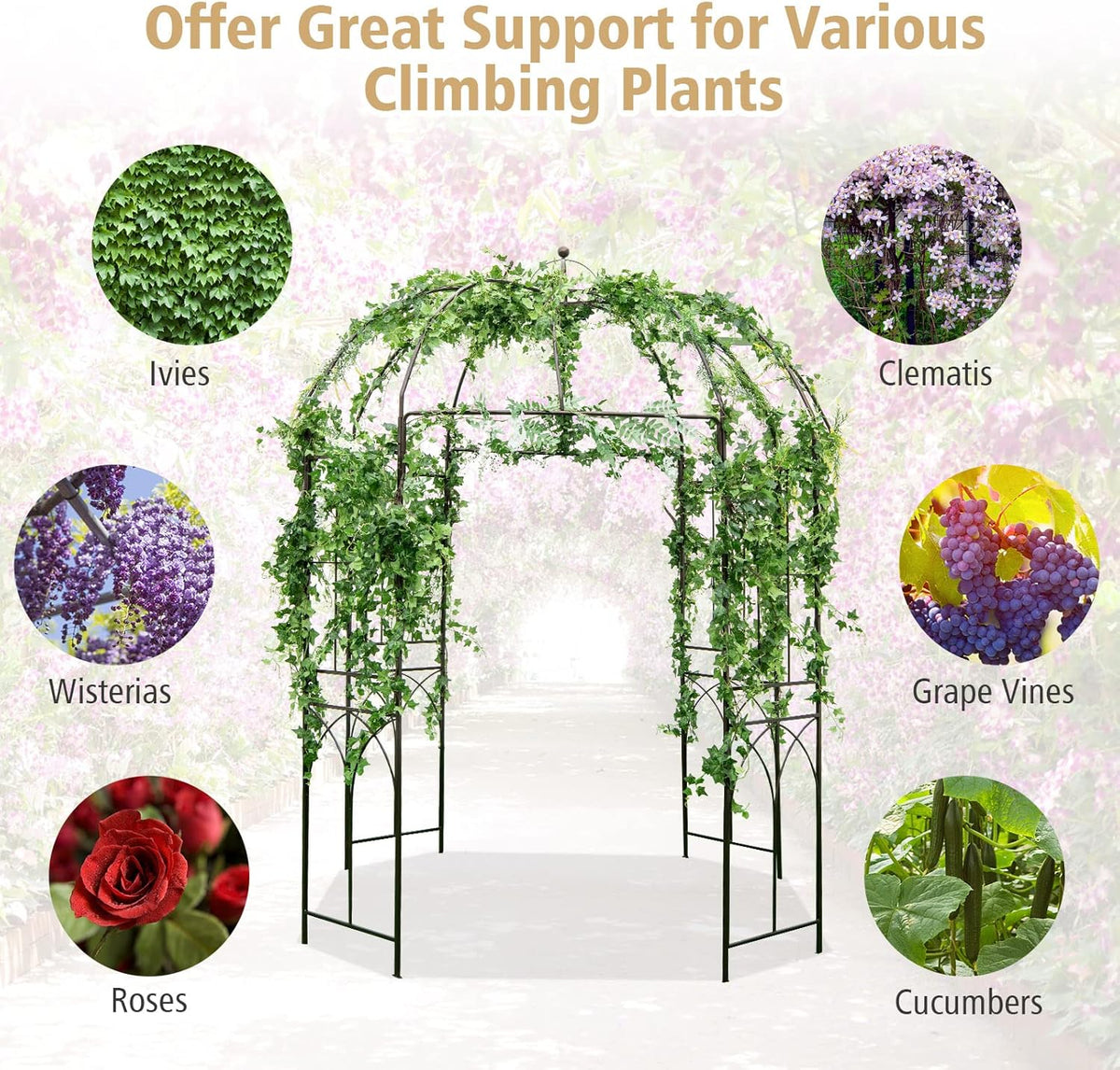 LDAILY Garden Arches Arbors Birdcage Shape, 8.4' H x 7' W Metal Pergola Pavilion with 16 Ground