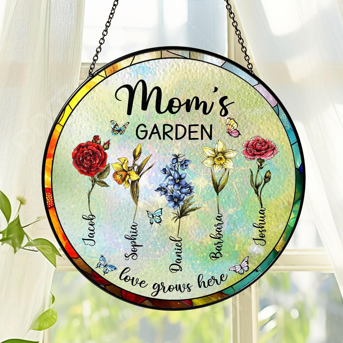 NAZENTI Personalized Grandma's Garden Stained Glass Suncatcher with Birth Month Flowers, Custom