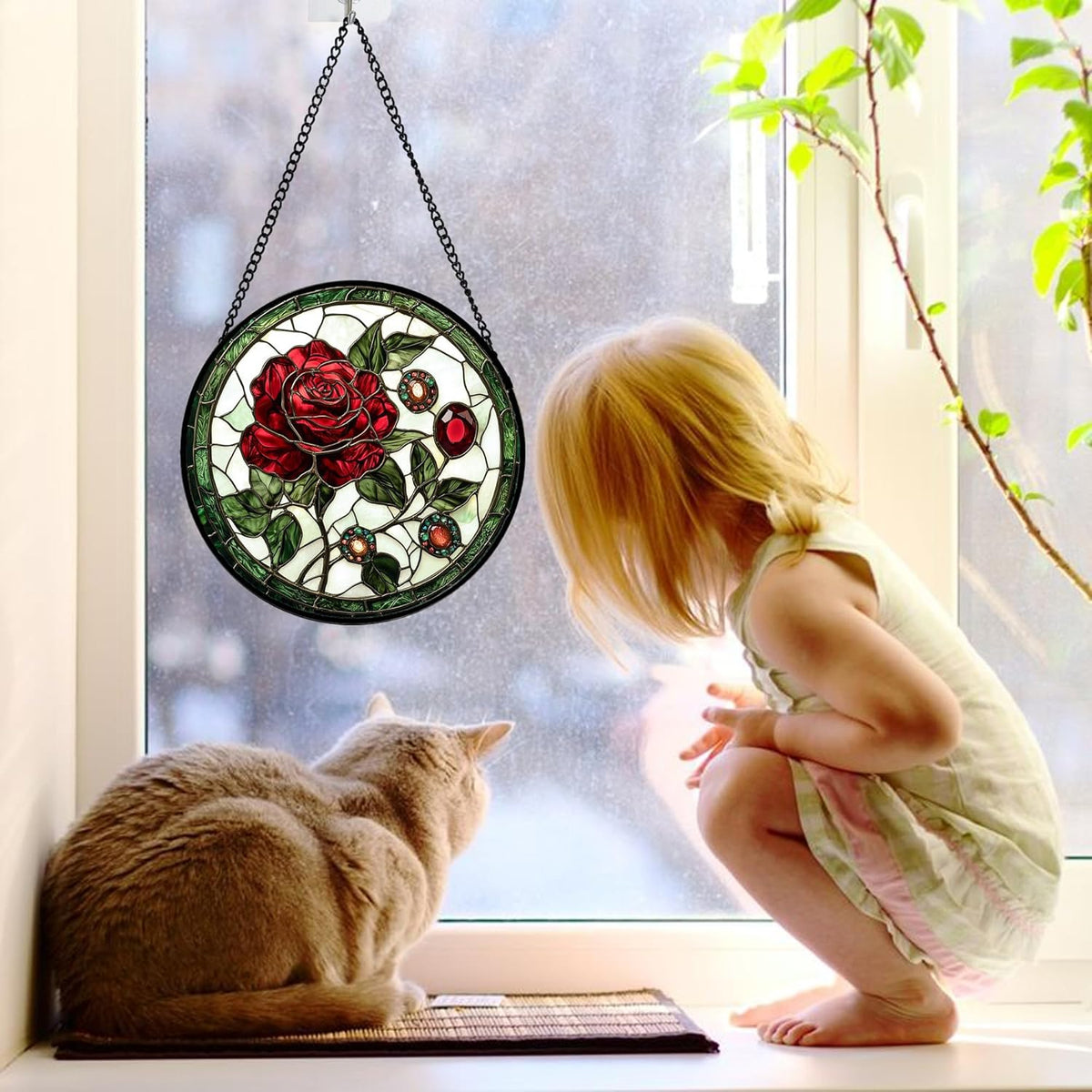 Stained Glass Window Hanging, Red Rose Gemstone Green Sun Catchers Diamond Glass Panel Hangings