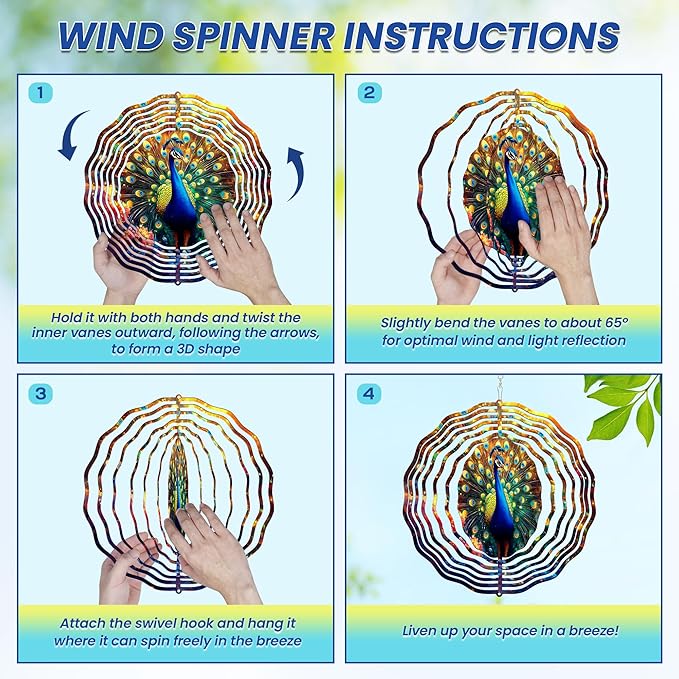 FLAGWIX Christmas Peacock Wind Spinners Outdoor - 3D Stainless Steel Metal Wind Spinners 12 in