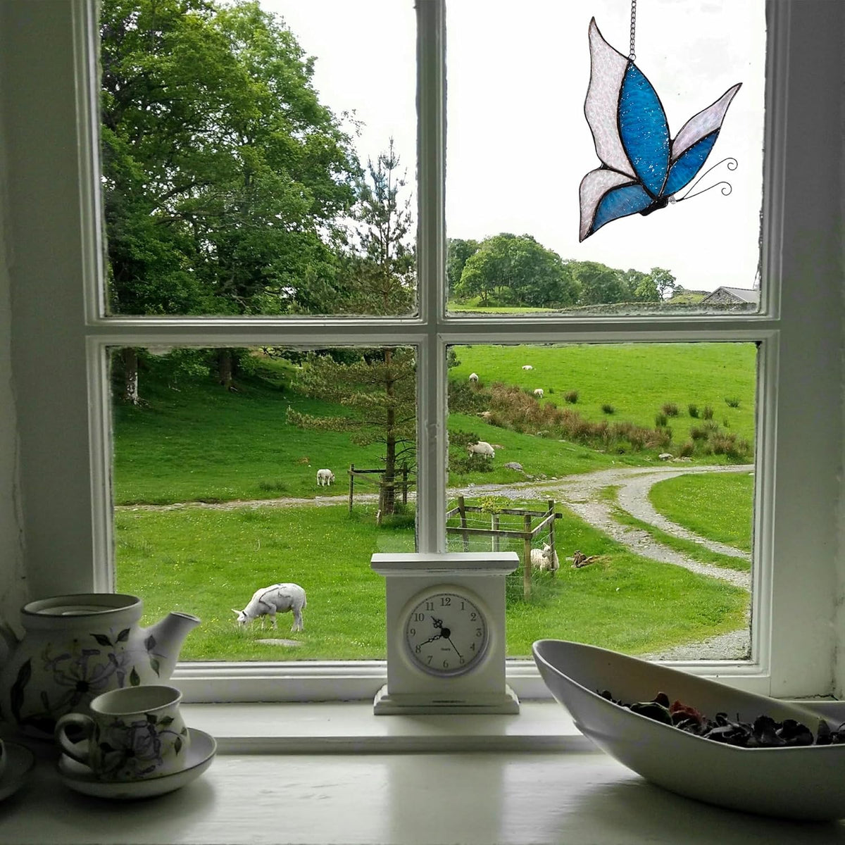 Holographic Butterfly (Blue) Sun Catcher Stained Glass Window Hanging, 7 * 5 inches Stained Glass