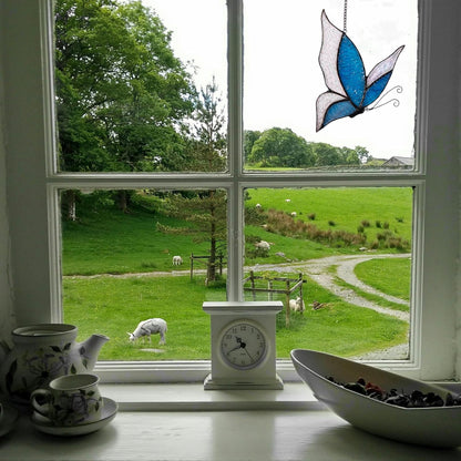 Holographic Butterfly (Blue) Sun Catcher Stained Glass Window Hanging, 7 * 5 inches Stained Glass