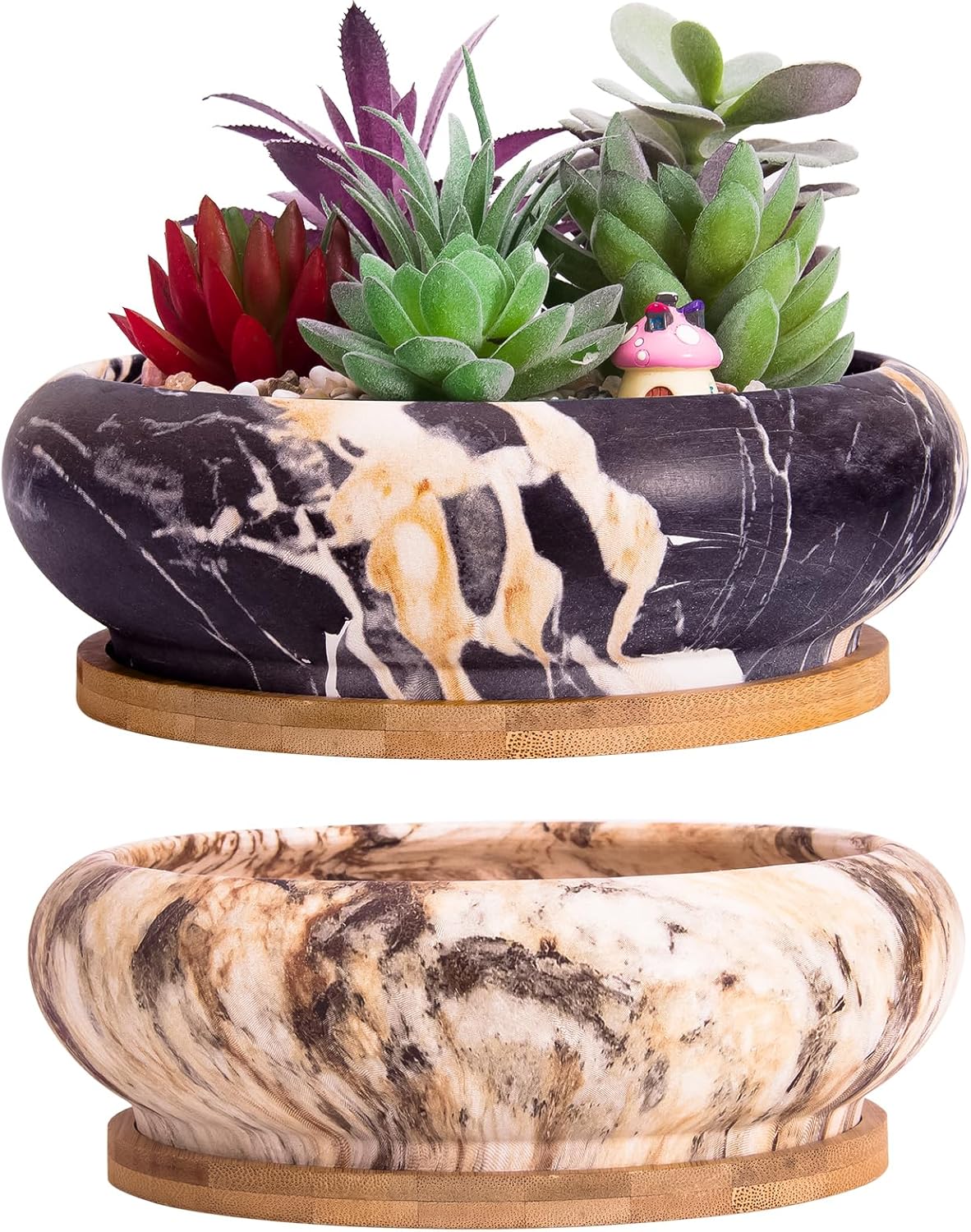 ARTKETTY Succulent Pots - 7.3 Inch Ceramic Bonsai Pots with Trays Set of 2, Large Succulent Plant