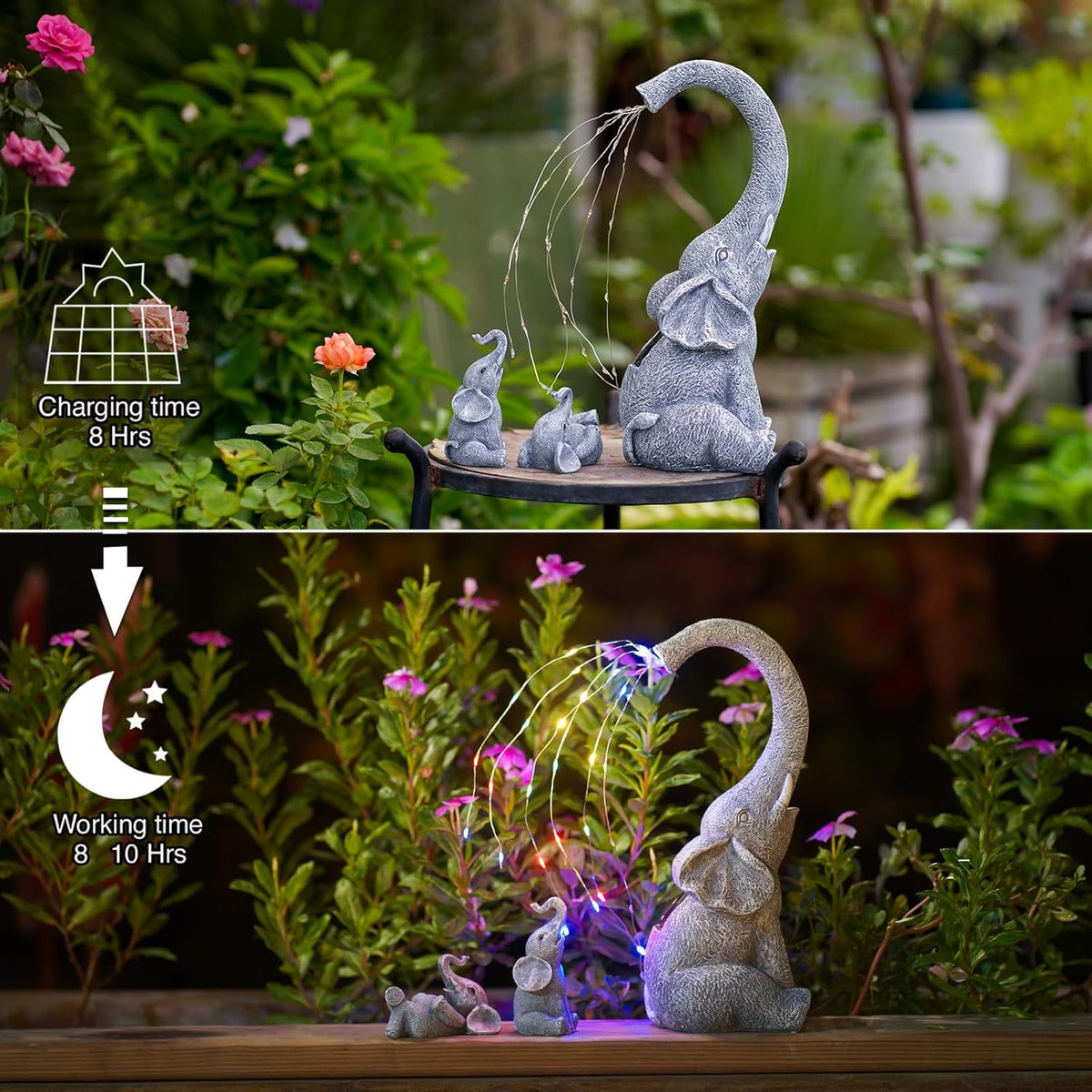 Goodeco Garden Elephant Statue Outdoor - Solar Watering Lights, Perfect for Yard, Patio, and