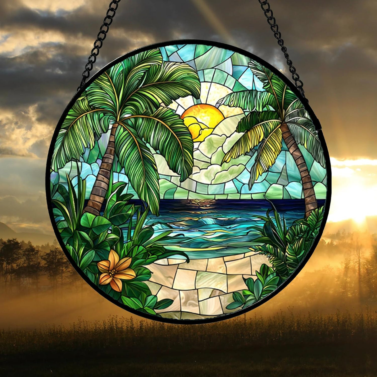 Stained Glass Window Hanging, Green Beach Scenery Suncatcher Diamond Glass Panel Hangings Sun