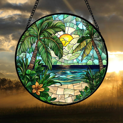 Stained Glass Window Hanging, Green Beach Scenery Suncatcher Diamond Glass Panel Hangings Sun