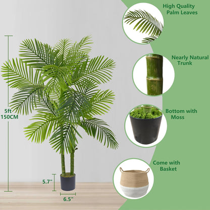 Artificial Palm Tree, 5ft Golden Cane Faux Palm Plant with Basket, Large Phoenix Palm UV Resistant