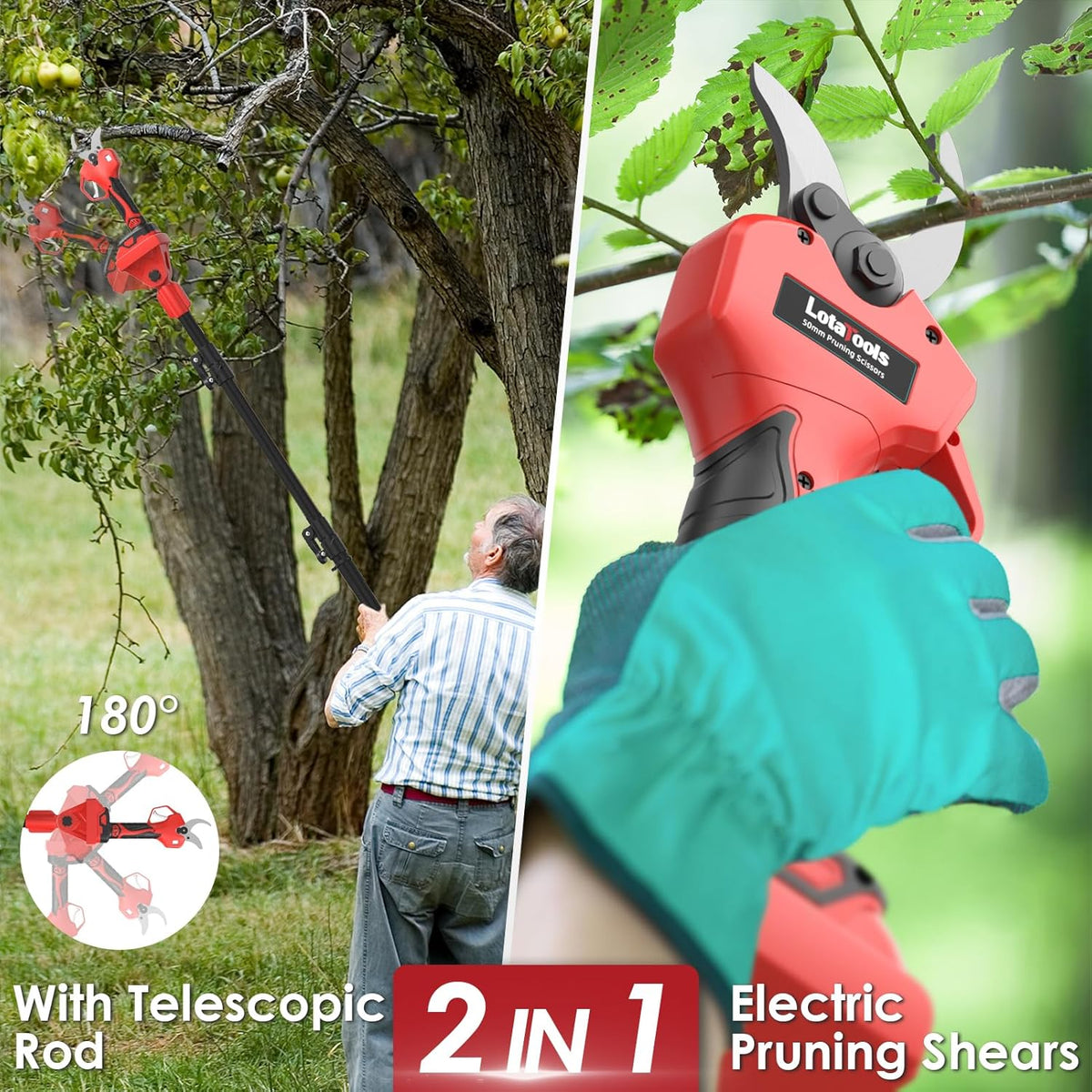 Electric Pruning Shears with Telescopic Rod, 50mm 1.96" Cutting Diameter Cordless Pruner with 2