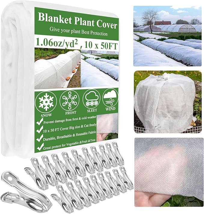 Plant Covers Freeze Protection 10 x 50Ft with 20 Stainless Steel Clip- Frost Cloth Plant Blankets