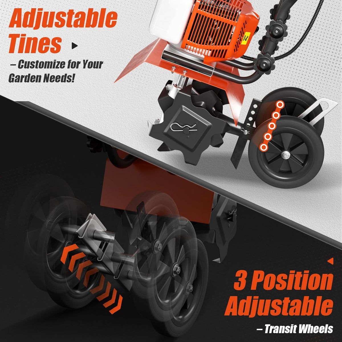 62cc Gas Tiller Cultivator, 10-Inch 2-Cycle Gas Powered Garden Tiller for Heavy Duty Soil