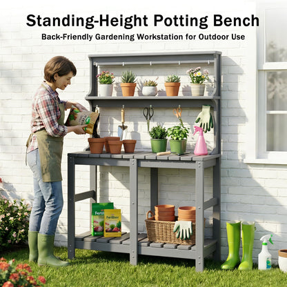 Polyhouz Outdoor Potting Bench with 3 Tier, All-Weather Patio Potting Table with Tool Hooks, HDPE
