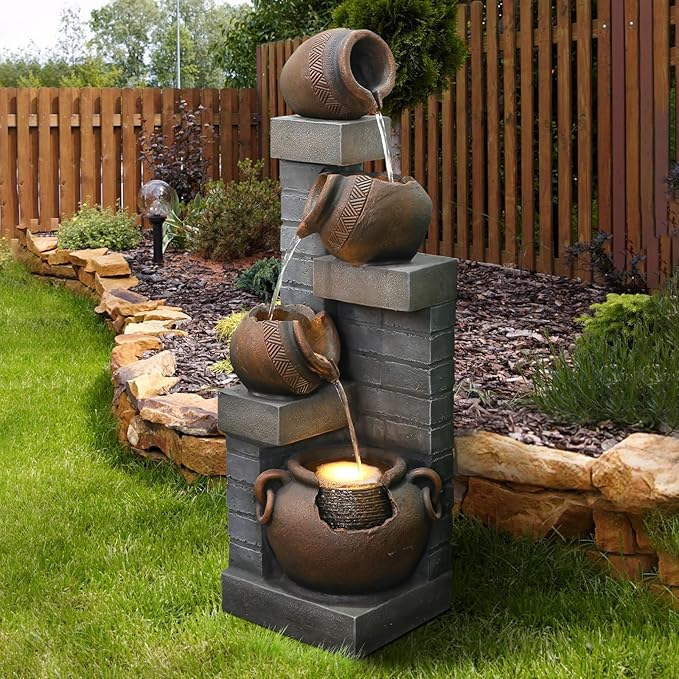 Water Fountain Outdoor 4-Tiers Cascading Realistic Bowls Waterfall Clay Pot Design Outdoor Fountain