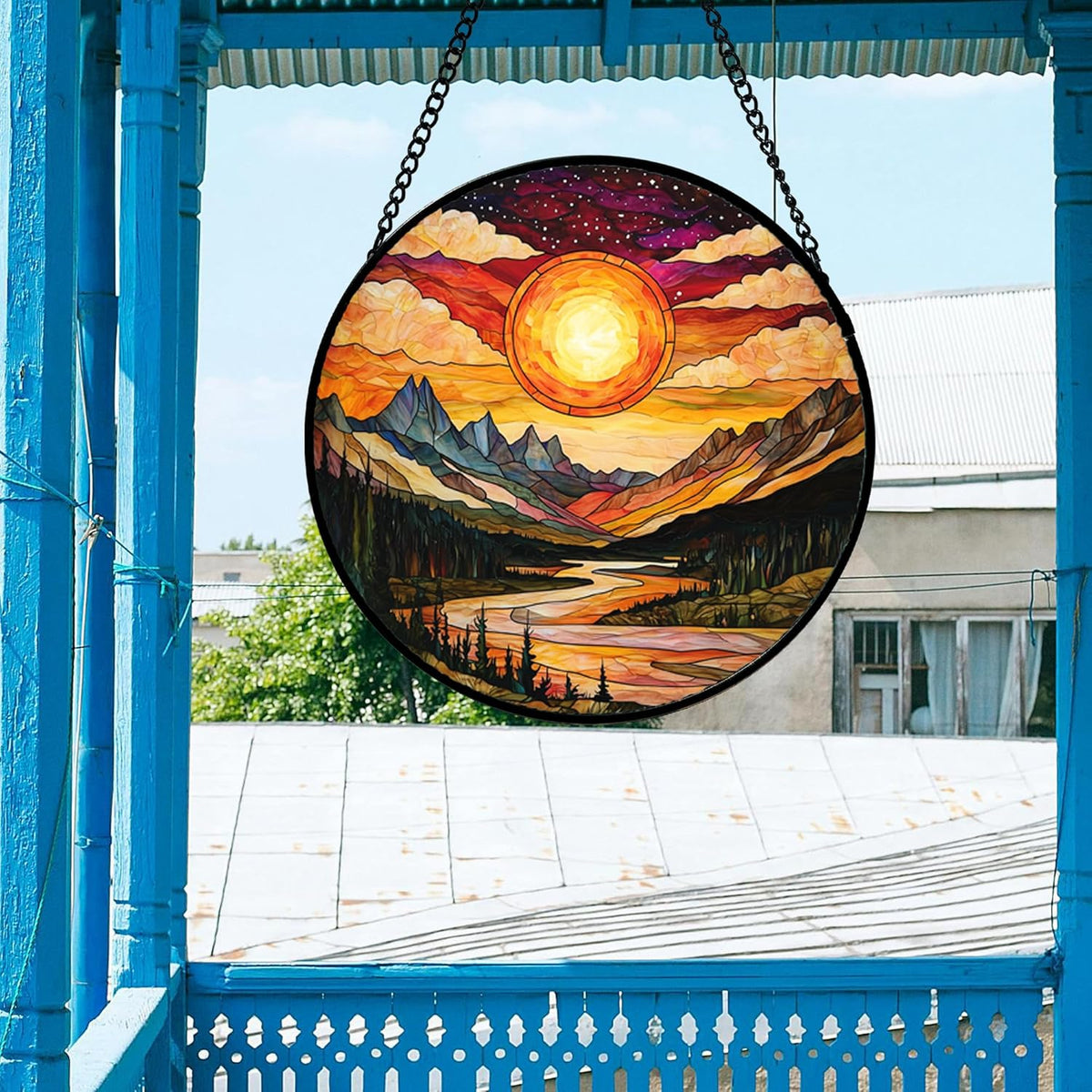 Stained Glass Window Hanging, Dusk Sunset Landscape Sun Catchers Glass Panel Lakes and Mountains