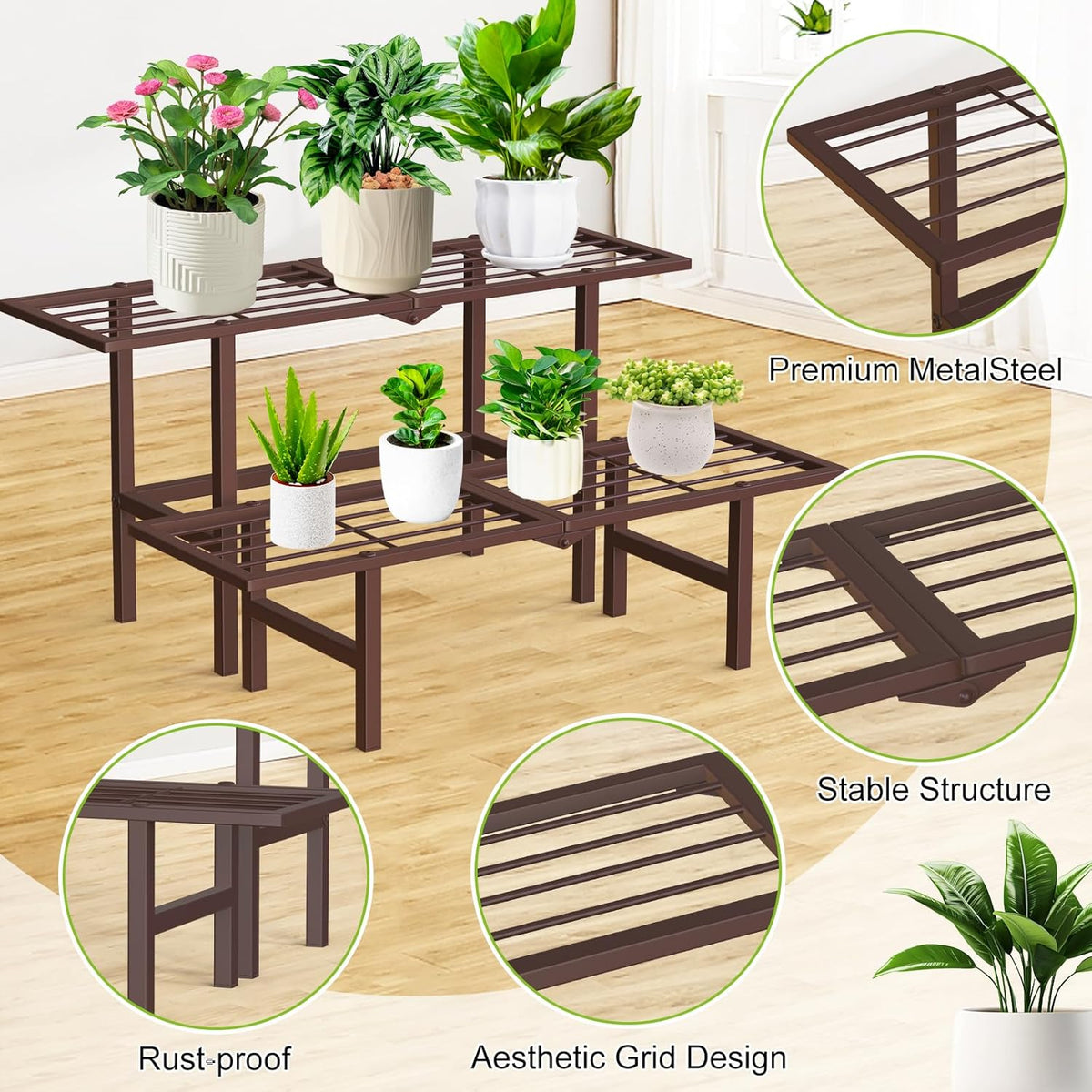 Plant Stand Indoor Outdoor, 2-Tier Foldable Metal Ladder Plant Stands, Stackable Metal Plant Shelf