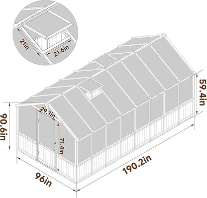 BlueWish 8x16FT Wood Greenhouse, Greenhouses with Cedar Frame, 6MM Thick Polycarbonate Panel