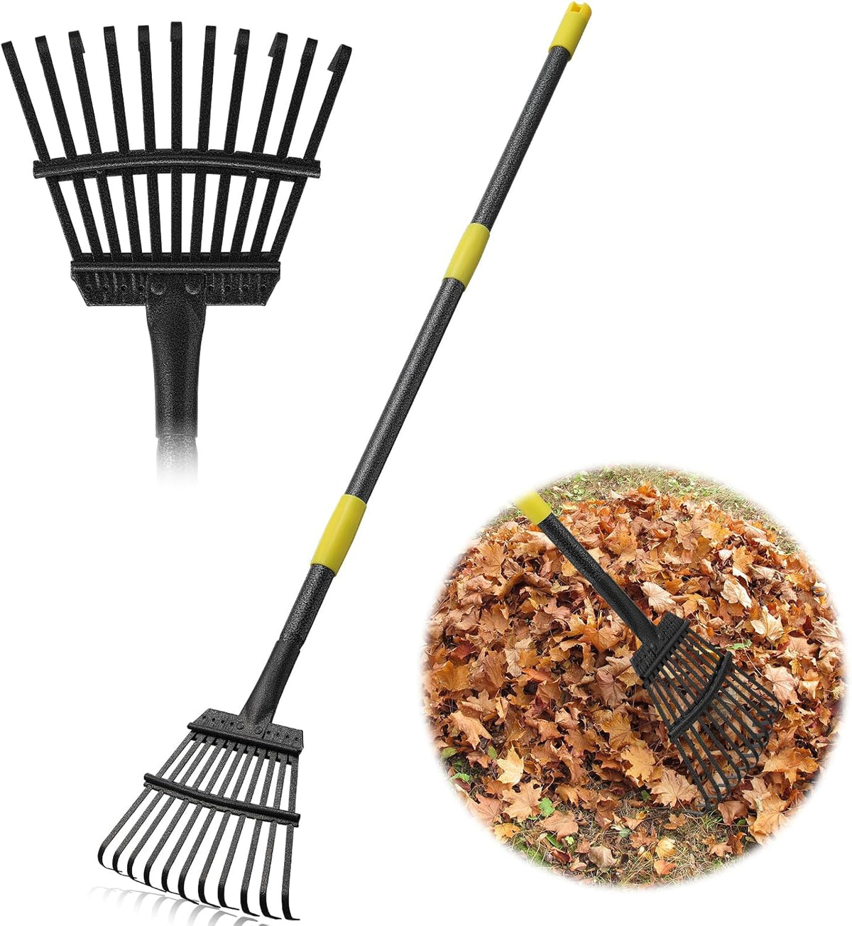 73" Leaf Rake- 11 Metal Tines 8.5" Wide- Small Leaves Rakes for Gardening- Adjustable Metal Leaf