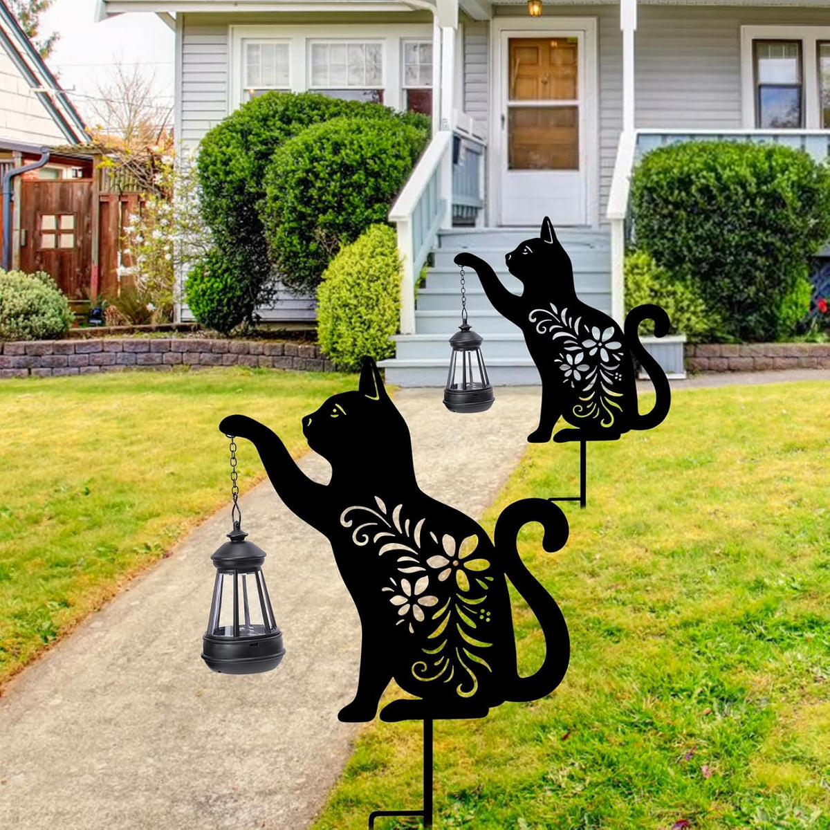 Afirst Solar Outdoor Garden Stake Solar Cat Decorative Stake Light with Lantern Decorative Lights