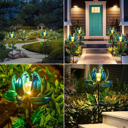 Huaxu Solar Outdoor Lights 35.4In Garden Decor Flower Wind Spinners,Waterproof LED Crackle Glass