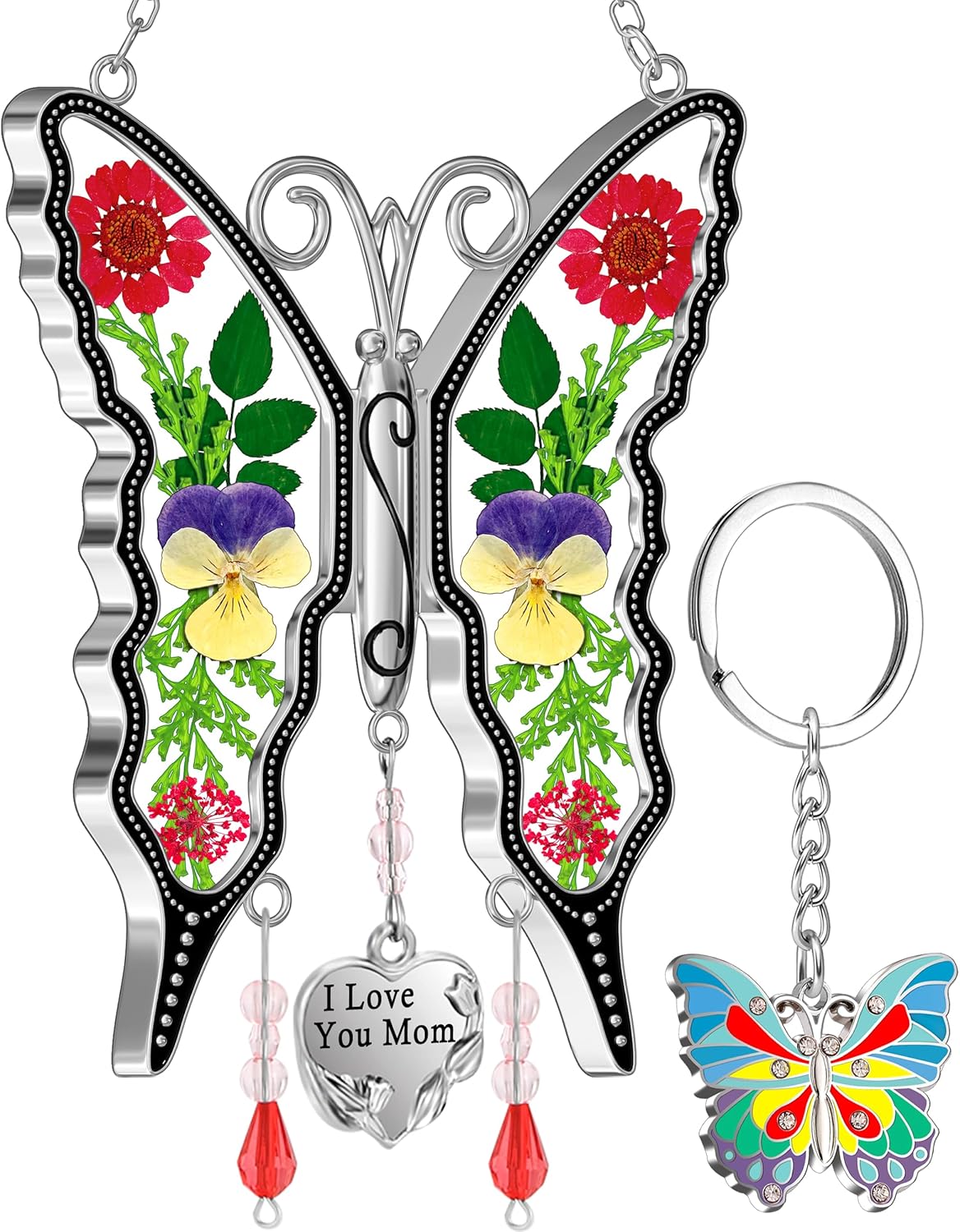 KY&BOSAM Gifts for Mom Suncatcher Butterfly I Love You Mom Stained Glass Sun Catcher Hanging Wind