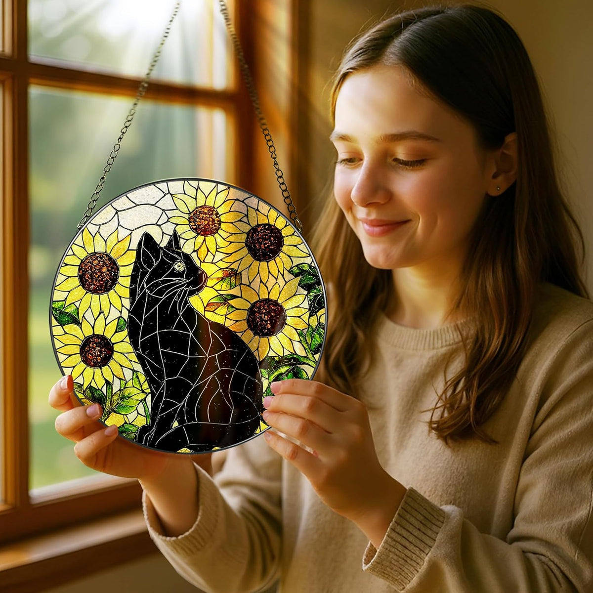 Stained Glass Window Hanging, Pauyadu 8 Inch Sunflower Black Cat Stained Glass Suncatcher, Cats