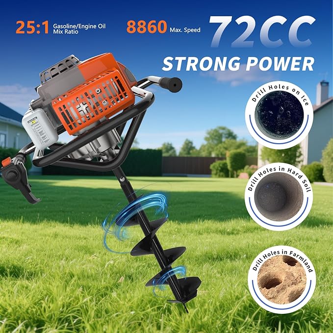 72cc 2-Stroke Auger Post Hole Digger with 2 Extension Rods & 6" & 8" Auger Bits - Gas Powered Earth