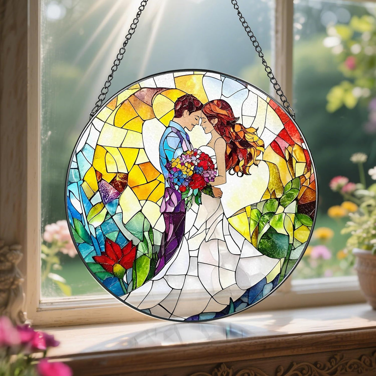8'' Romantic Couple Wedding Sun Catcher Ornament, Stained Glass Window Hanging, Suncatchers for