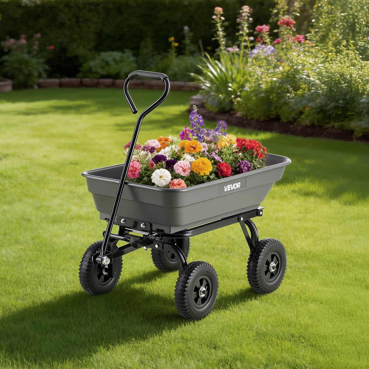 VEVOR 400LBS Wheelbarrow, Poly Garden Dump Cart Wagon with 8" Flat Free Tires, Heavy Duty Wheel