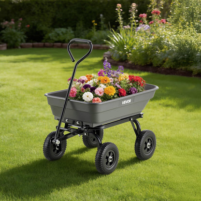 VEVOR 400LBS Wheelbarrow, Poly Garden Dump Cart Wagon with 8" Flat Free Tires, Heavy Duty Wheel