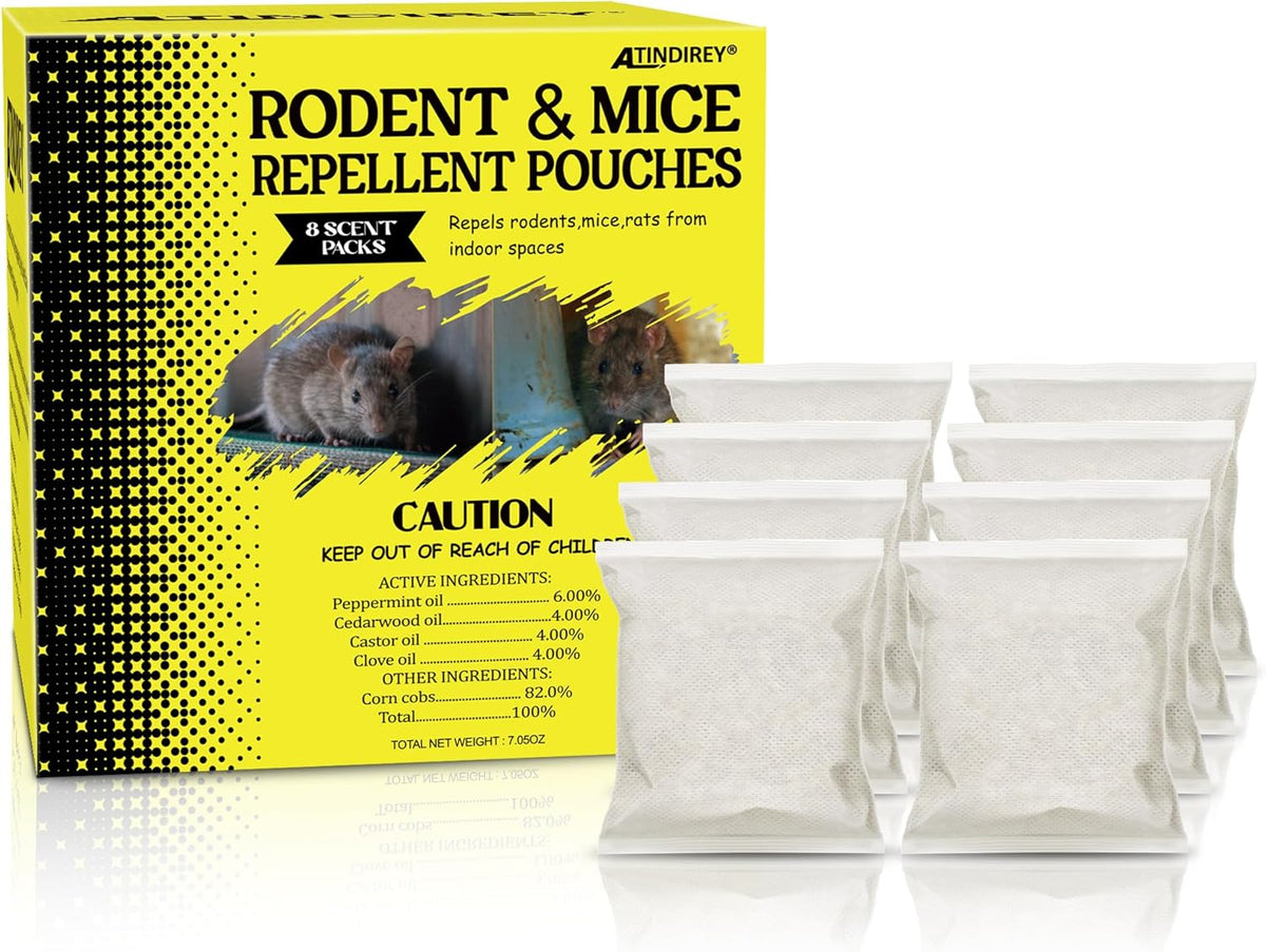 Mouse Repellent Pouches,Peppermint Oil Powered, Indoor Outdoor & Car Use, Natural Rodent Deterrent