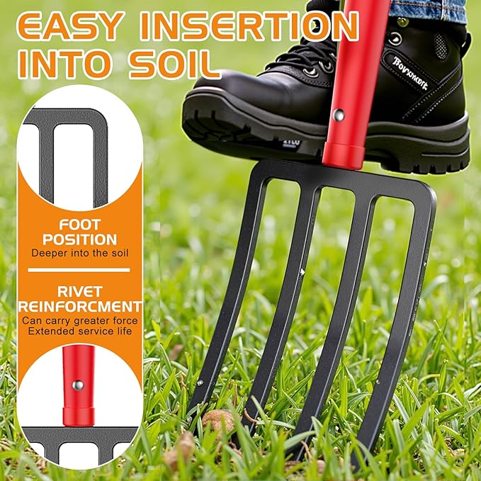 HIGHLIGHT Garden Fork, 4-Tine Spading Fork, Compost Fork, Steel Digging Fork, 45Inch, Steel D-Grip
