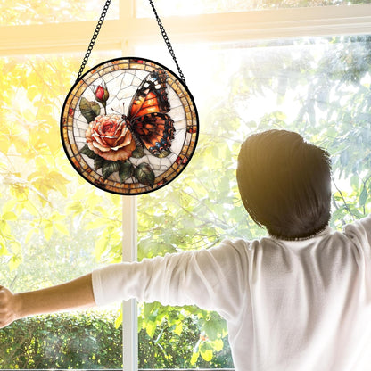 Stained Glass Window Hanging, Butterfly Picking Flowers Suncatcher for Doors Home Sun Catchers