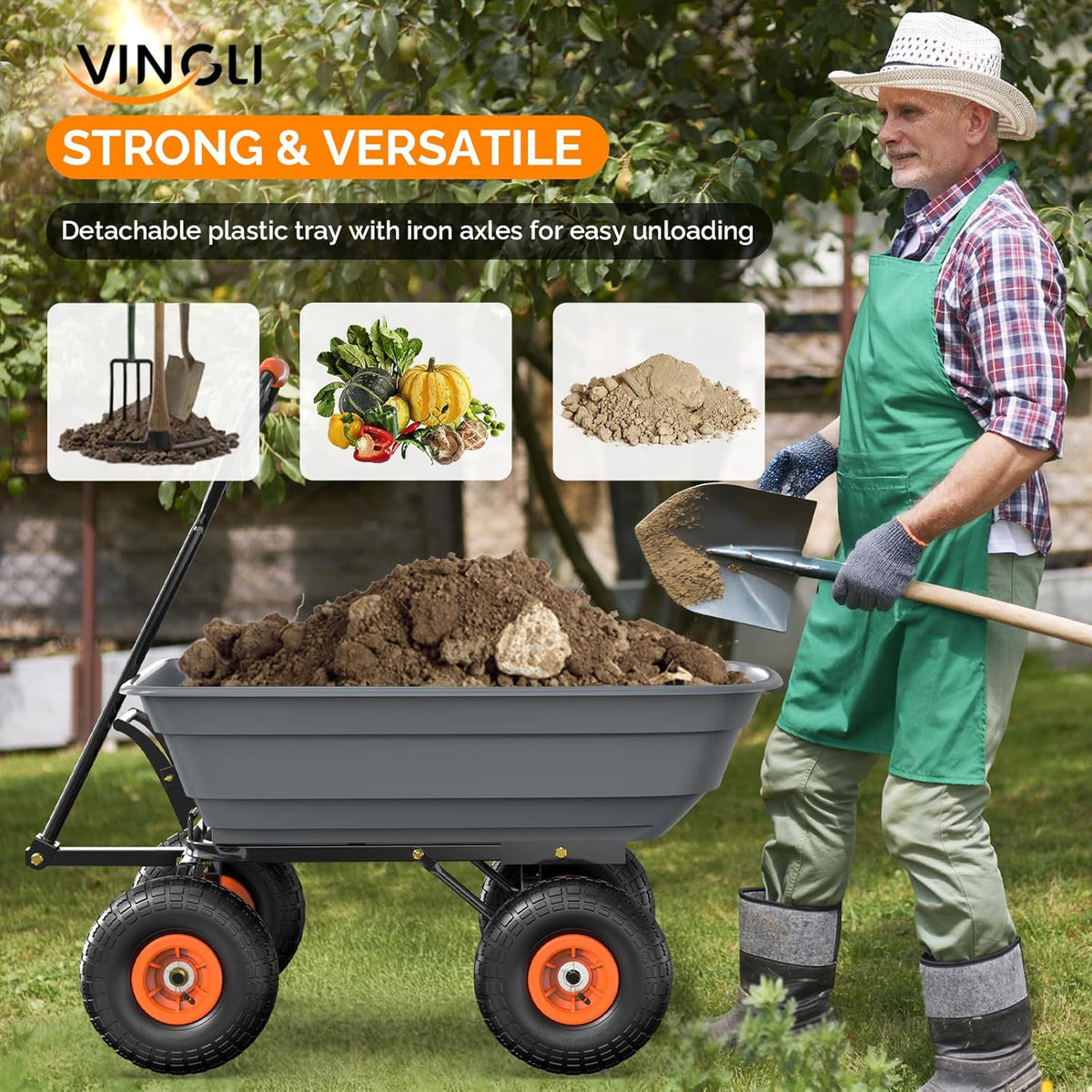 VINGLI Dump Cart Wagon, 440LBS Quick-Release Dump Wheelbarrow, All-Terrain 10" Tires Garden Wagon
