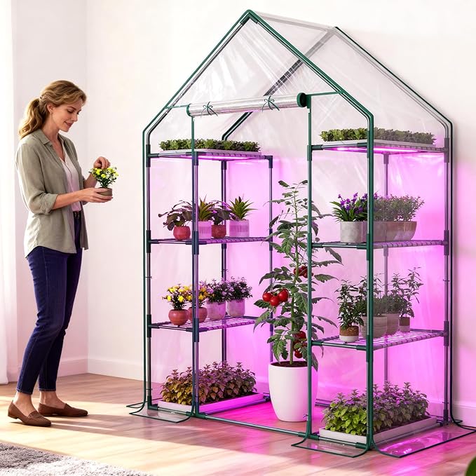Indoor Greenhouse with Grow Light, 4-Tier Mini Greenhouse 56.3"x28.7"x76.8" Small Greenhouse with