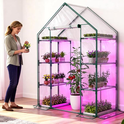 Indoor Greenhouse with Grow Light, 4-Tier Mini Greenhouse 56.3"x28.7"x76.8" Small Greenhouse with