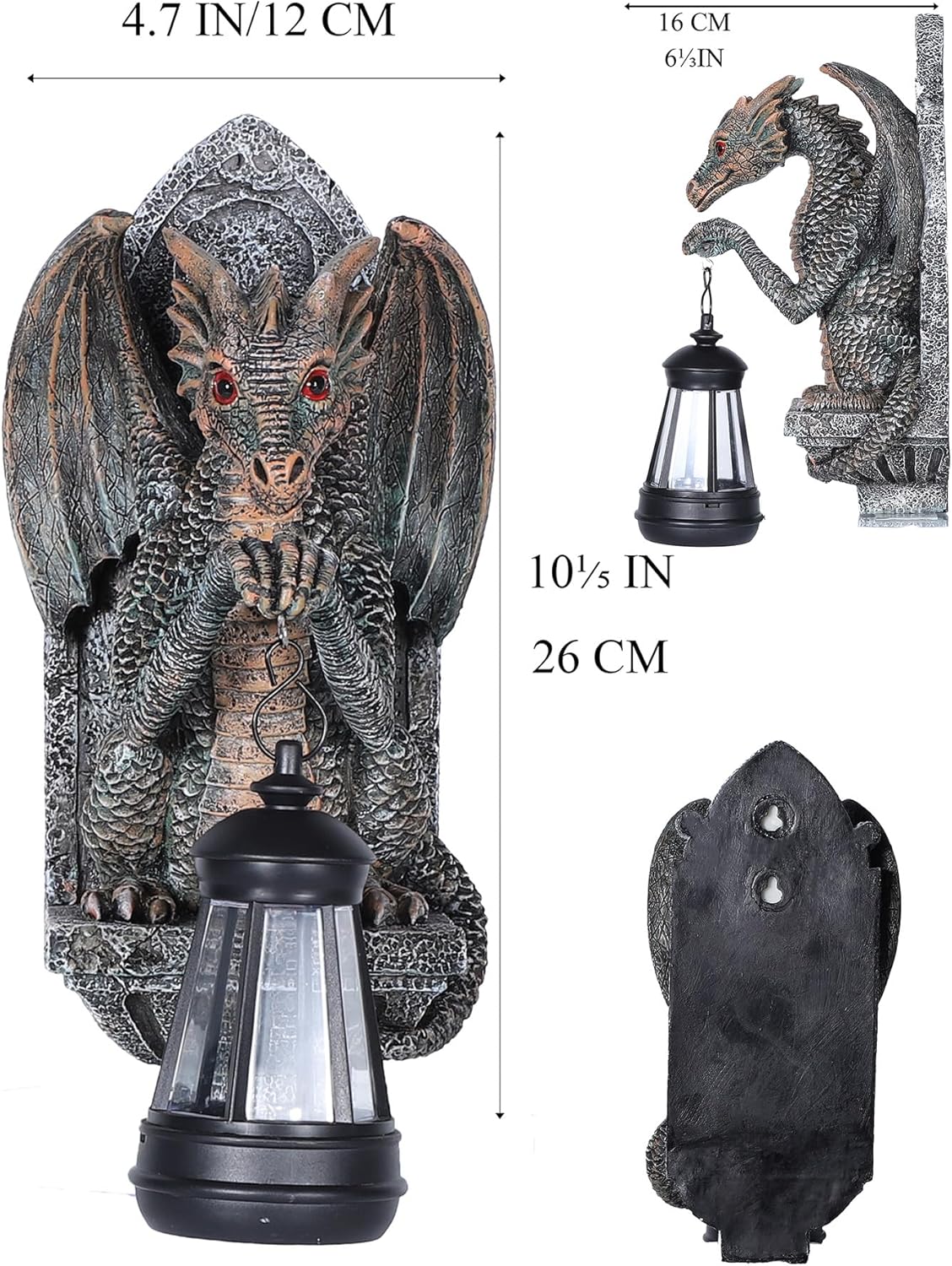 Dragon Statue Solar Lantern for Garden Décor, Dragons Figurine Night Light, 10”Outdoor Decorative