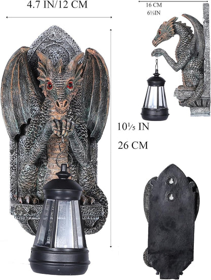 Dragon Statue Solar Lantern for Garden Décor, Dragons Figurine Night Light, 10”Outdoor Decorative