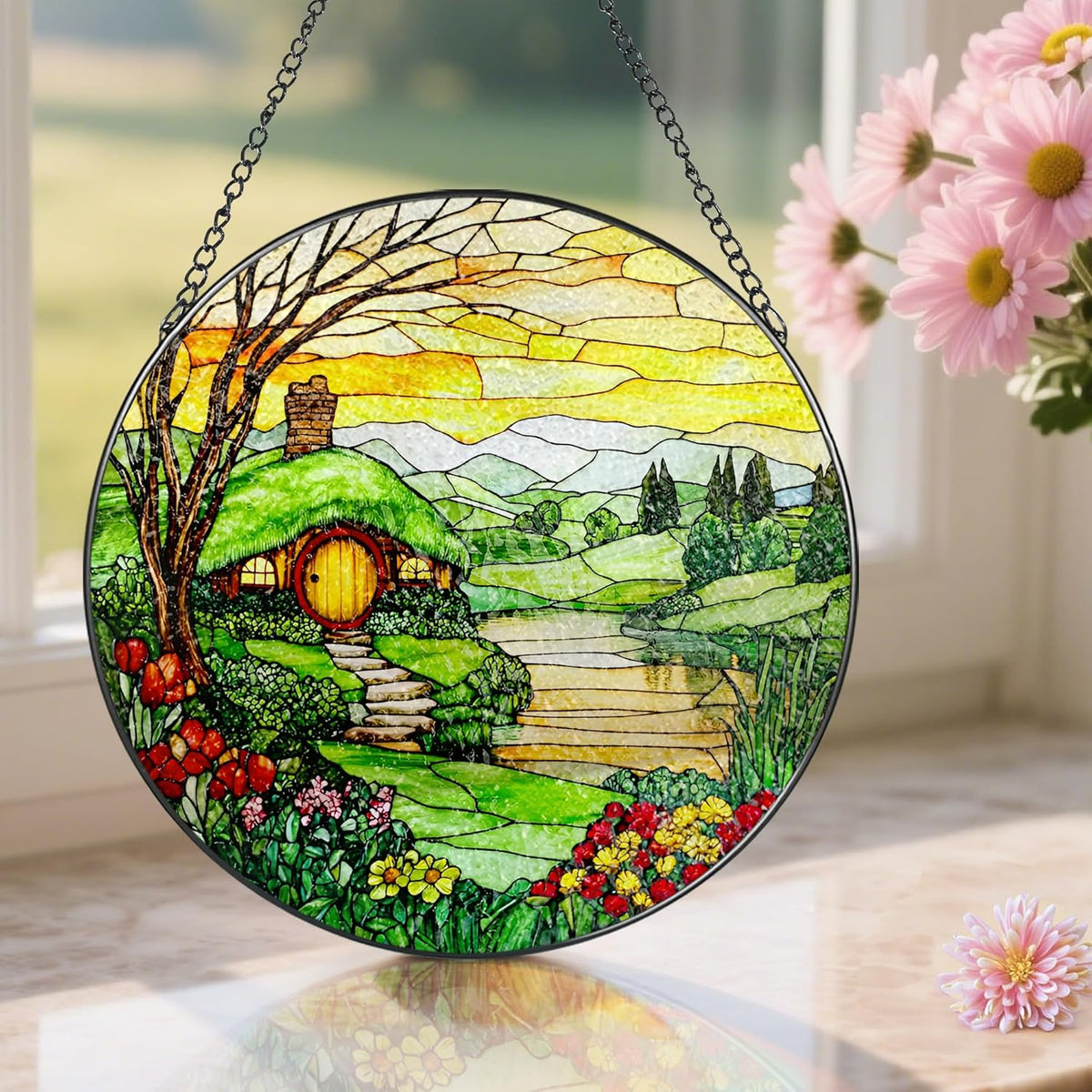 Stained Glass Window Hanging, Pauyadu 8 Inch The Shire Stained Glass Suncatcher, Window Decorations