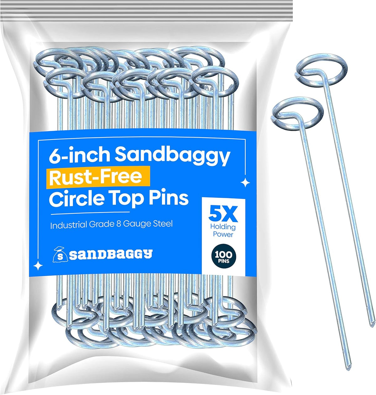 Sandbaggy 6-inch Circle Top Pins - Landscape Staples (Galvanized) - Garden Stakes for Landscaping