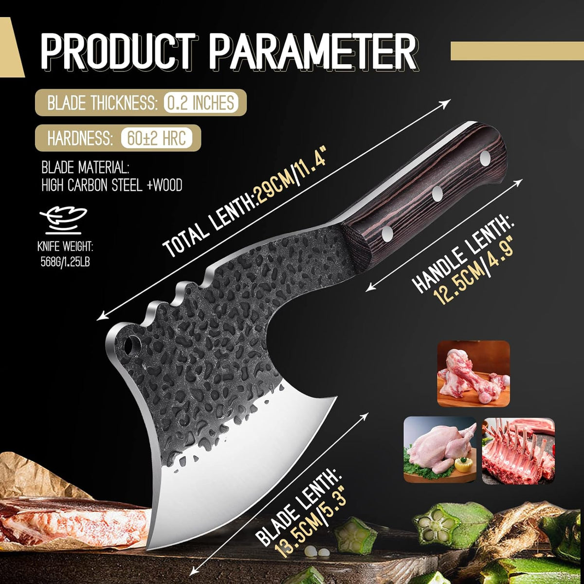 ROCOCO Meat Bone Cleaver Knife for Meat Cutting Handmade Heavy Duty Butcher Axes Hand Forged Full