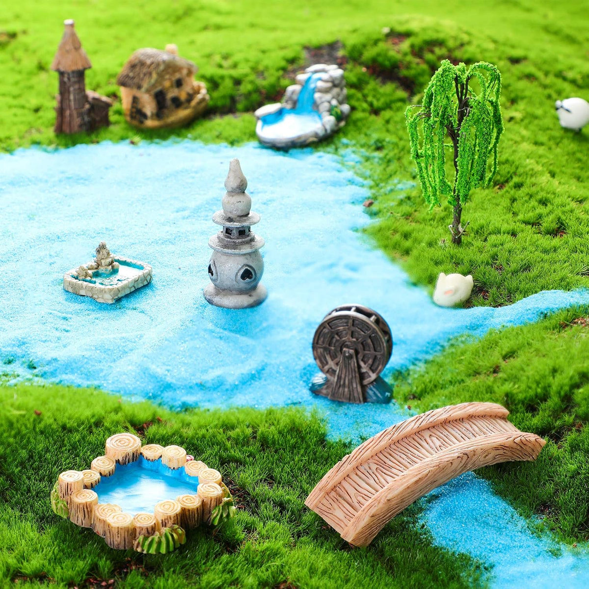 Jetec 12 Pcs Garden Accessories Miniature Bridge Mini Lighthouse Water Well Bridge Figurines Pond