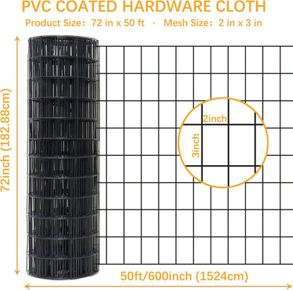 Black Metal Garden Fence, 72inch(H) x 50ft(L), 2 inch x 3 inch,14GA 2/3/4/5/6 Ft Tall Chicken Wire