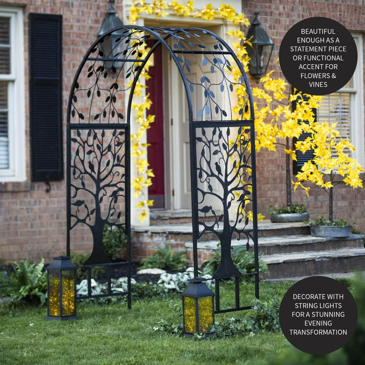 Plow & Hearth Arch Metal Outdoor Garden Arbor | Tree of Life | 83 Inches Tall | Black | Trellis