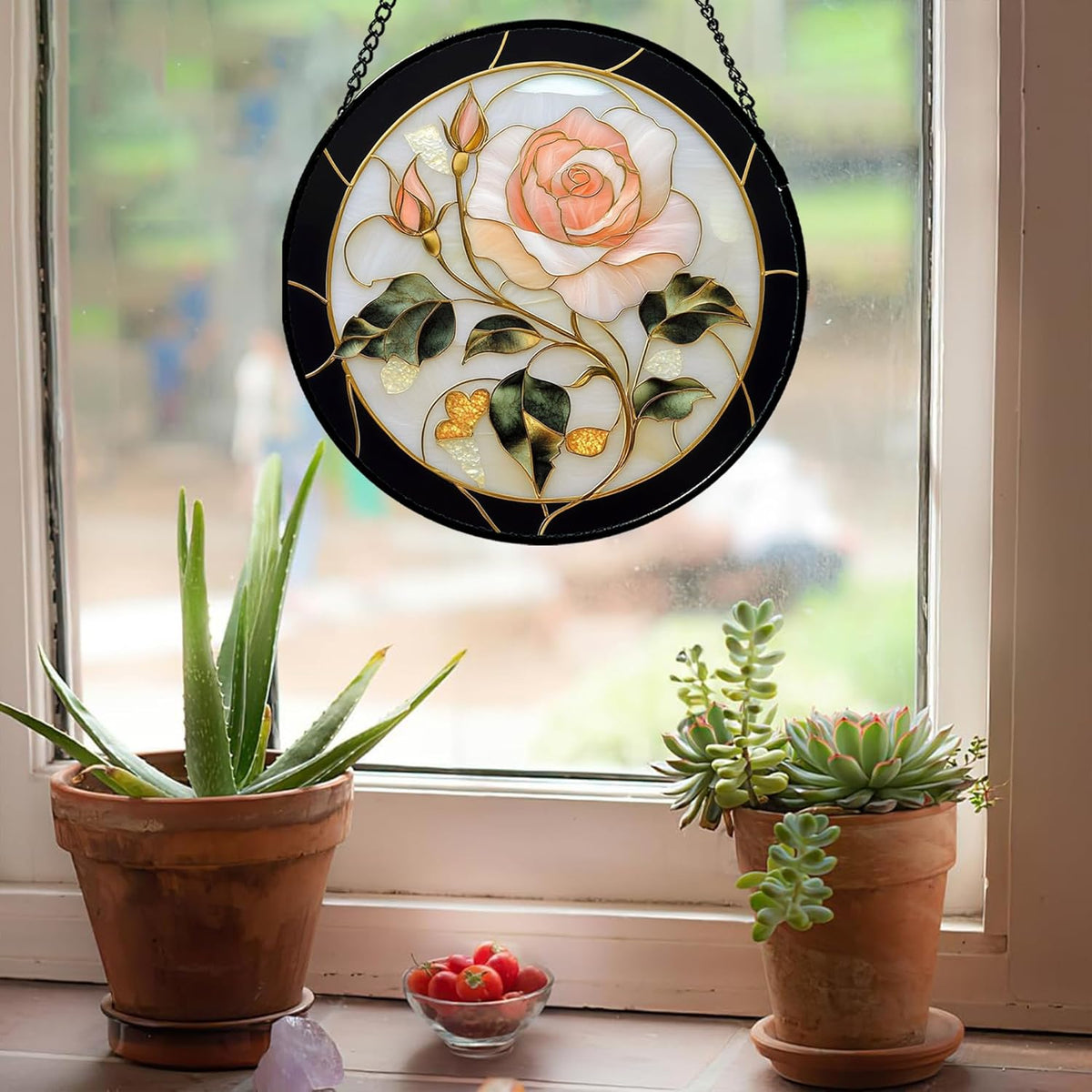 Stained Glass Window Hanging - Black White Pink Rose Sun Catcher for Door Home Decor Flower