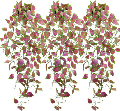 LOYWREE 3 Pack Artificial Purple Ivy Hanging Vine Plants - Small Potted Long Trailing Cascading
