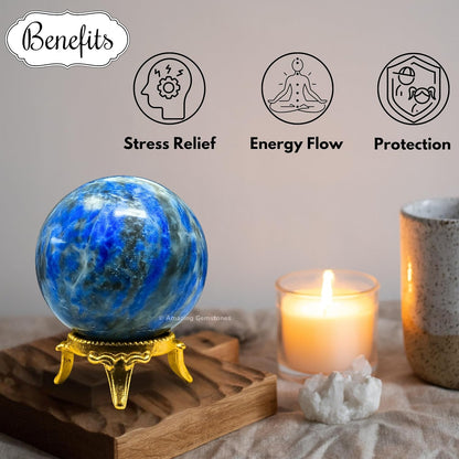 Amazing Gemstone Lapis Lazuli Crystal Ball with Stand - 2" Inches Crystal Sphere Meditation Balls